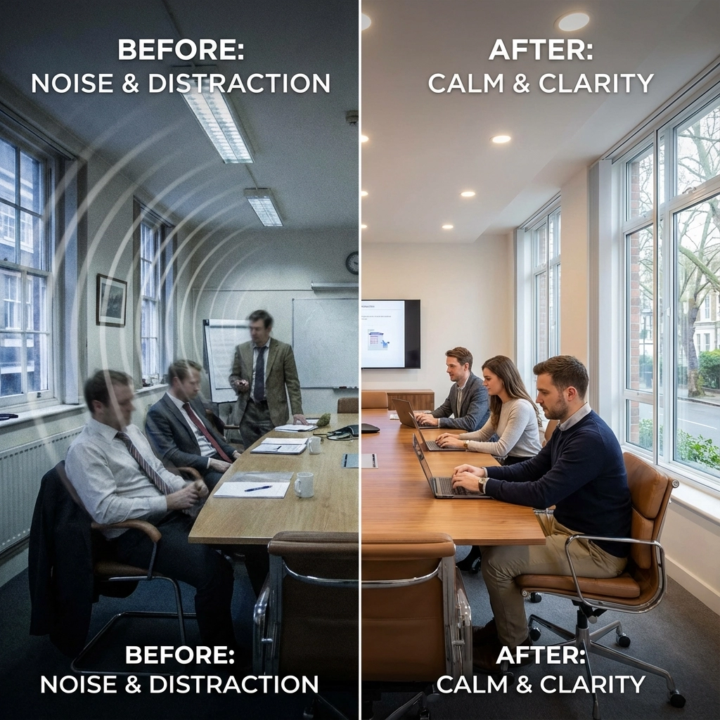 Before and after comparison showing office noise and distraction versus calm productive workspace with secondary glazing